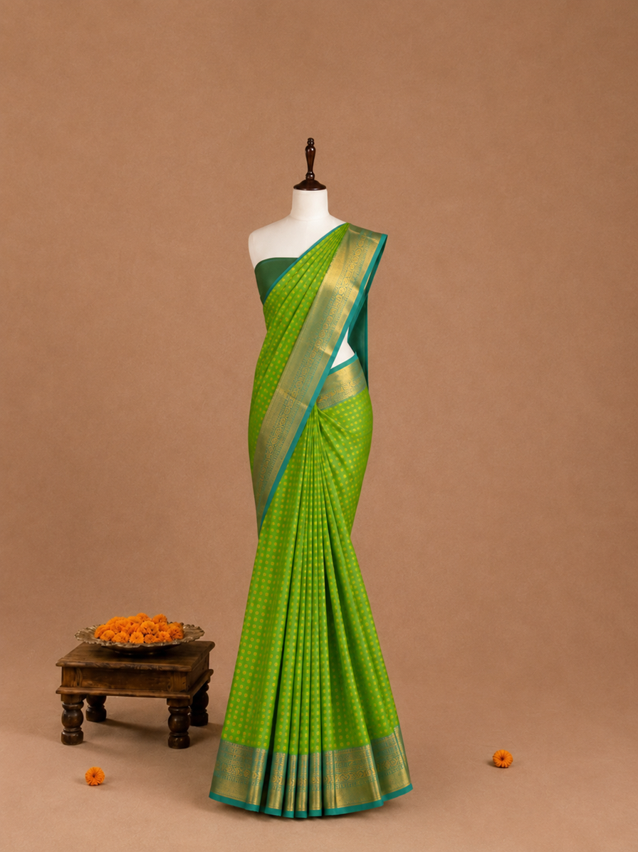 Luxury 1000 Butta Parrot Green Semi Silk Saree