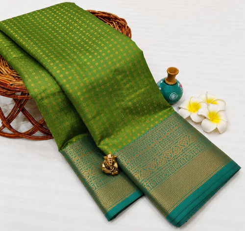 Luxury 1000 Butta Parrot Green Semi Silk Saree